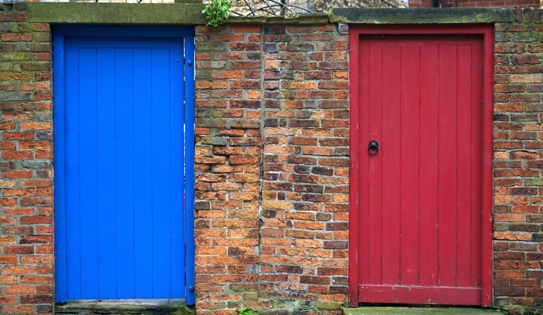 Two wooden doors, one blue and one red, stand next to each other on a brick wall.