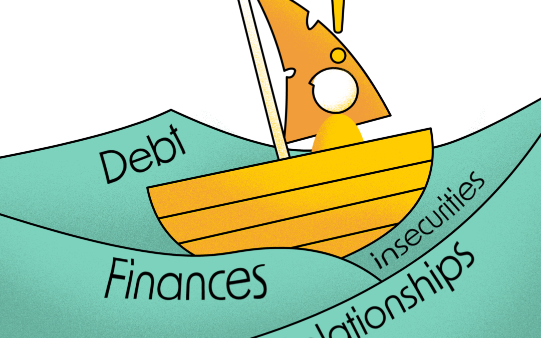 SimplyPsych Graphic of person sailing through troubling waters of debt, finances, insecurities, and relationships